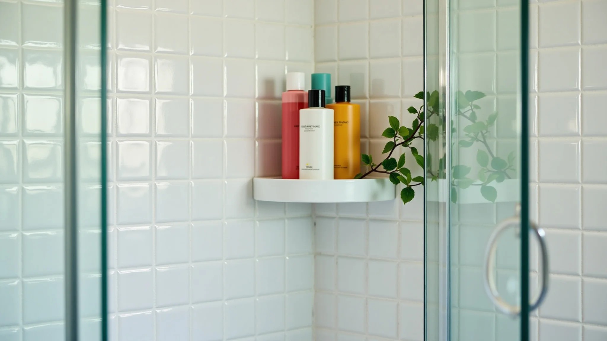 Porta shampoo de canto no box com azulejos claros, shampoos coloridos e planta.