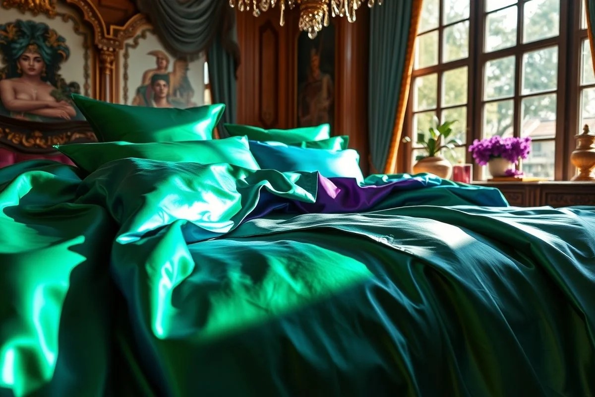 Roupa de cama de seda luxuosa em tom vibrante com efeito brilhante.