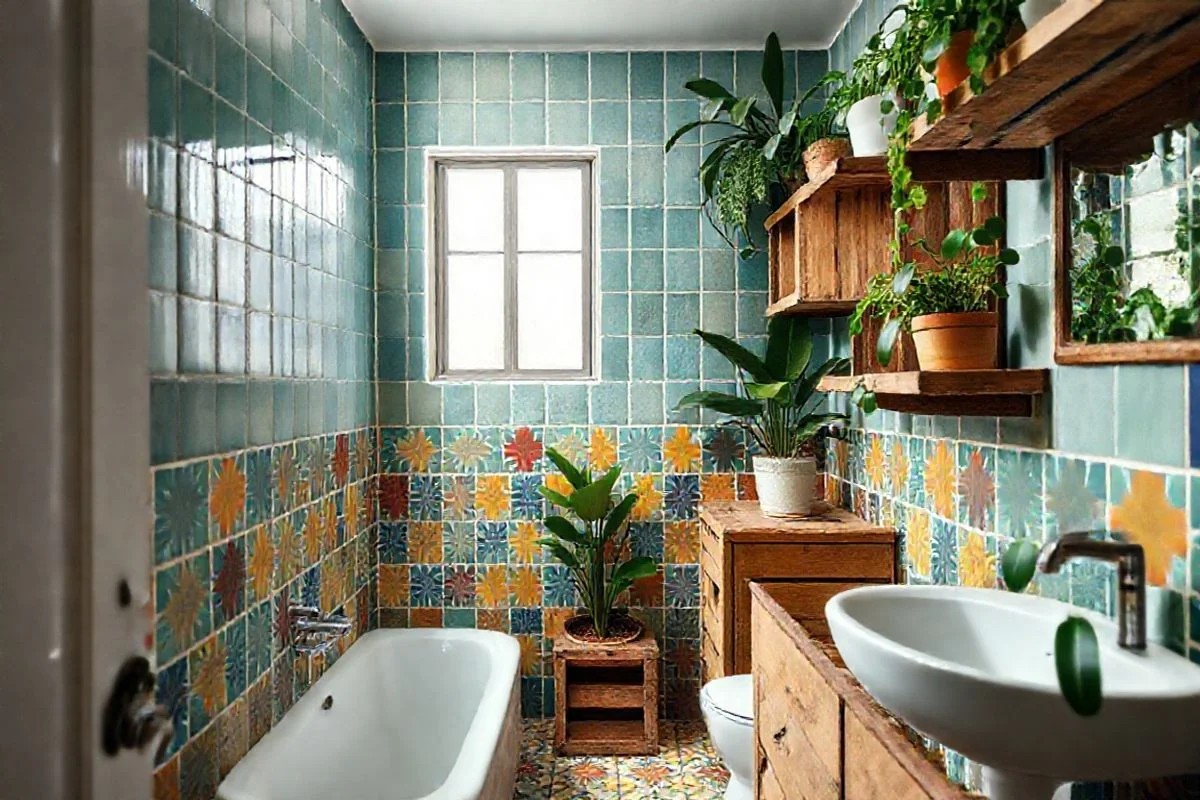 Banheiro simples e barato com azulejos pintados e decoração reaproveitada.