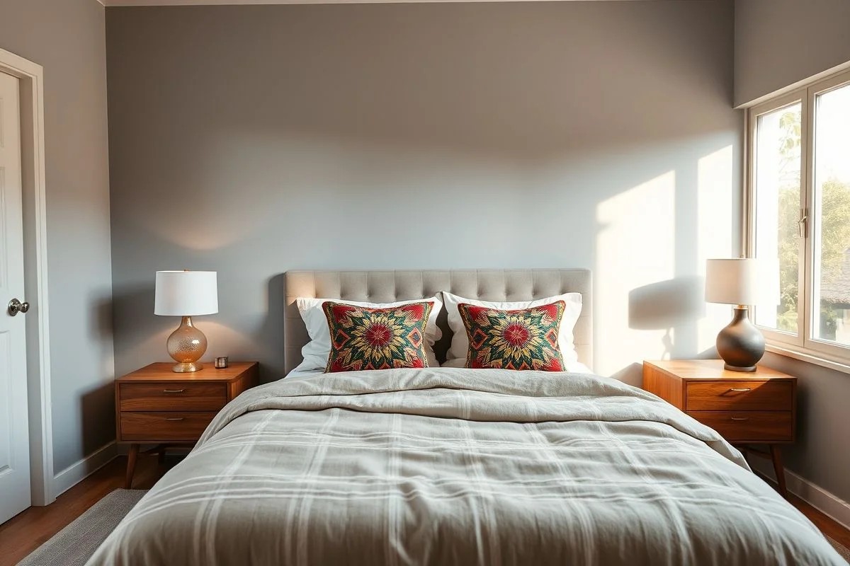 Quarto de casal simples e aconchegante com roupa de cama macia e almofadas decorativas.