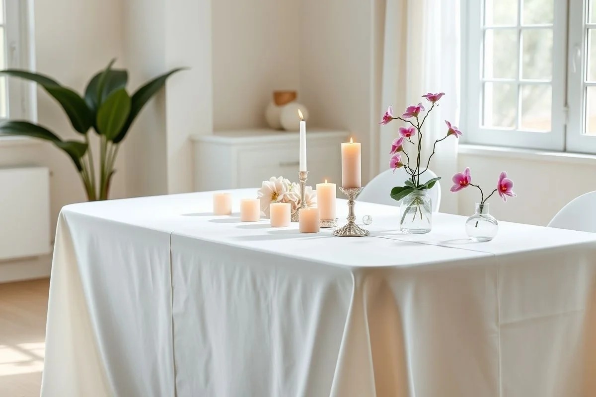 Decoração batizado clean: toalha branca, velas, arranjos florais