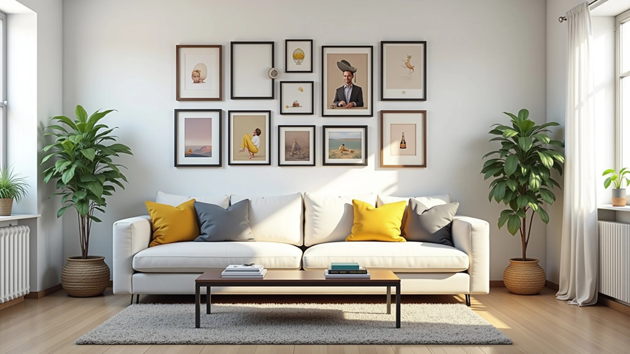 Galeria de parede em sala simples com fotos e arte acessíveis.