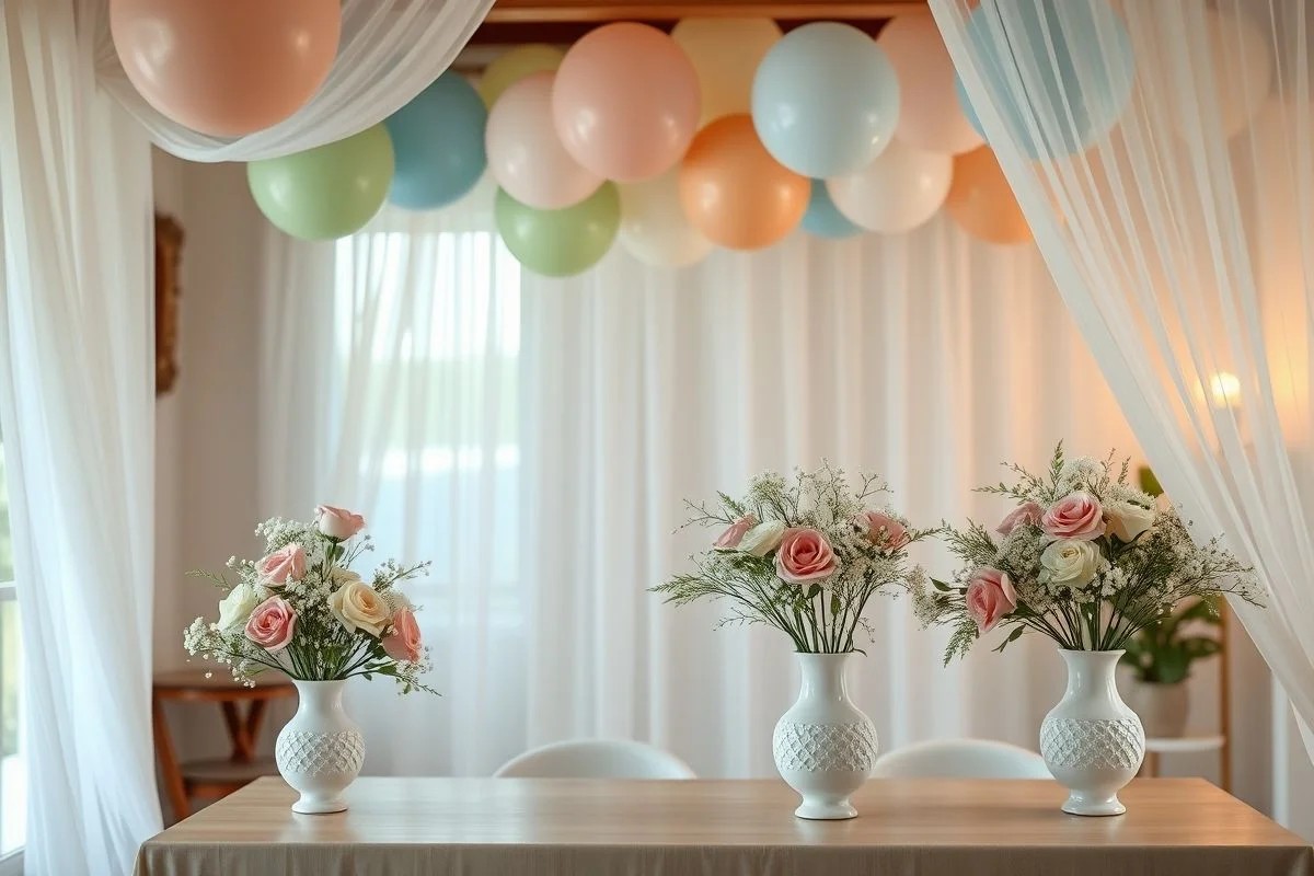 Decoração simples de batizado no Brasil: balões pastel, flores delicadas, tule branco.