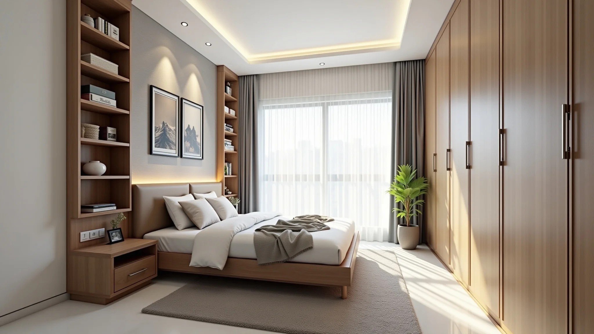 Quarto de solteiro com organização vertical, prateleiras e estilo minimalista.