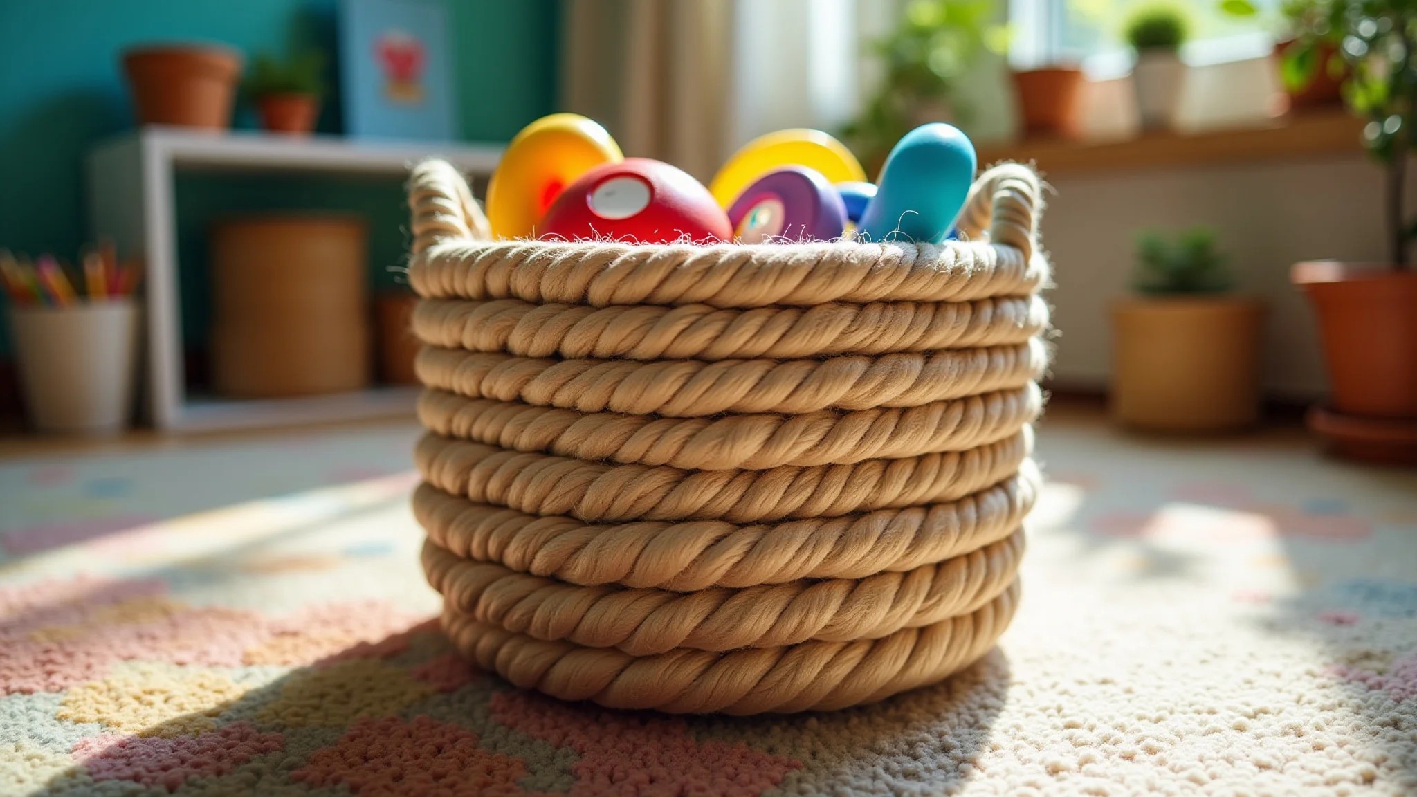 Cesto organizador de corda de sisal guardando brinquedos em casa brasileira colorida.