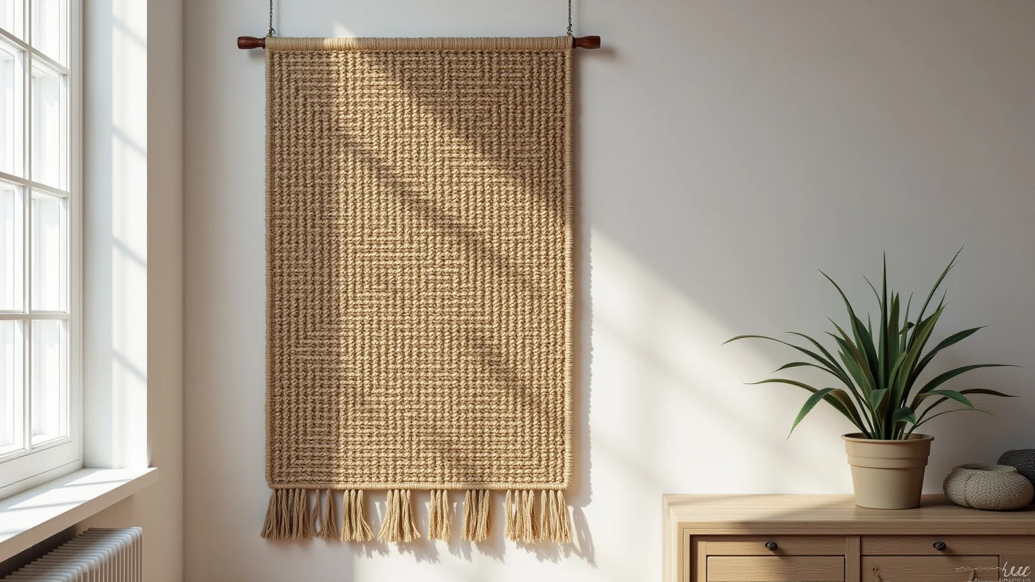 Arte de parede com corda de sisal e padrões geométricos, design brasileiro.