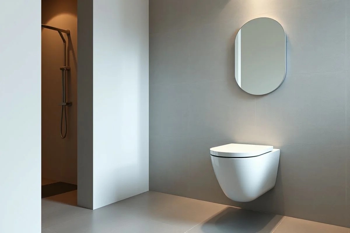 Banheiro moderno no Brasil com vaso sanitário suspenso e design minimalista.