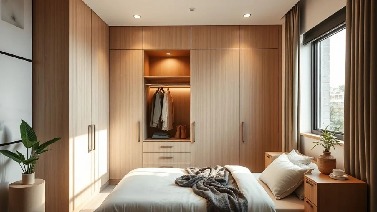 Armário embutido minimalista em quarto pequeno brasileiro, design moderno e elegante.