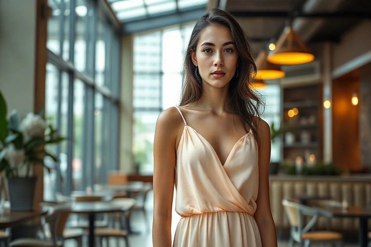 Vestido slip dress pastel em mulher brasileira em café elegante, tendência anos 90.