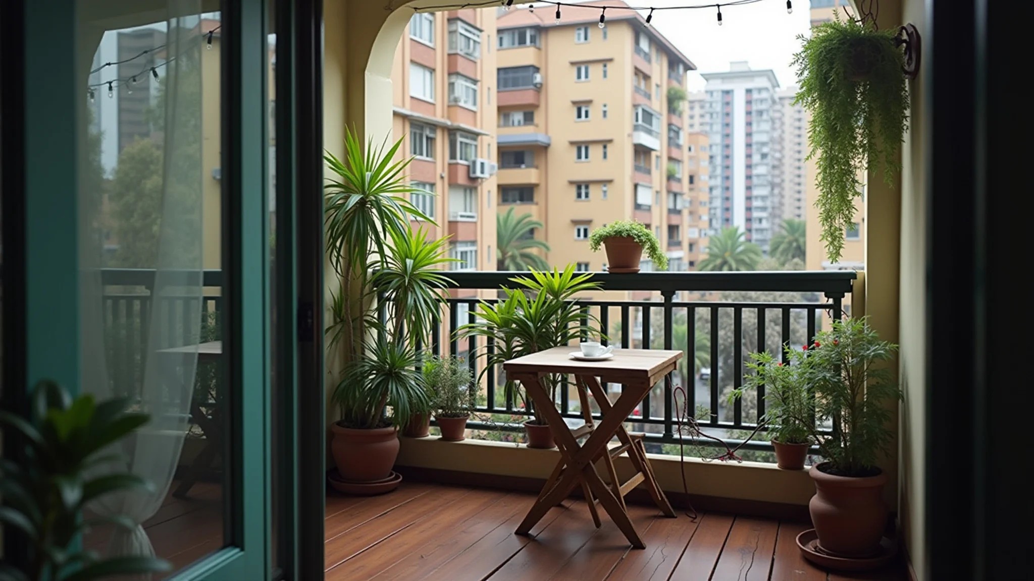 Varanda de apartamento pequeno com vista urbana, plantas e iluminação aconchegante.