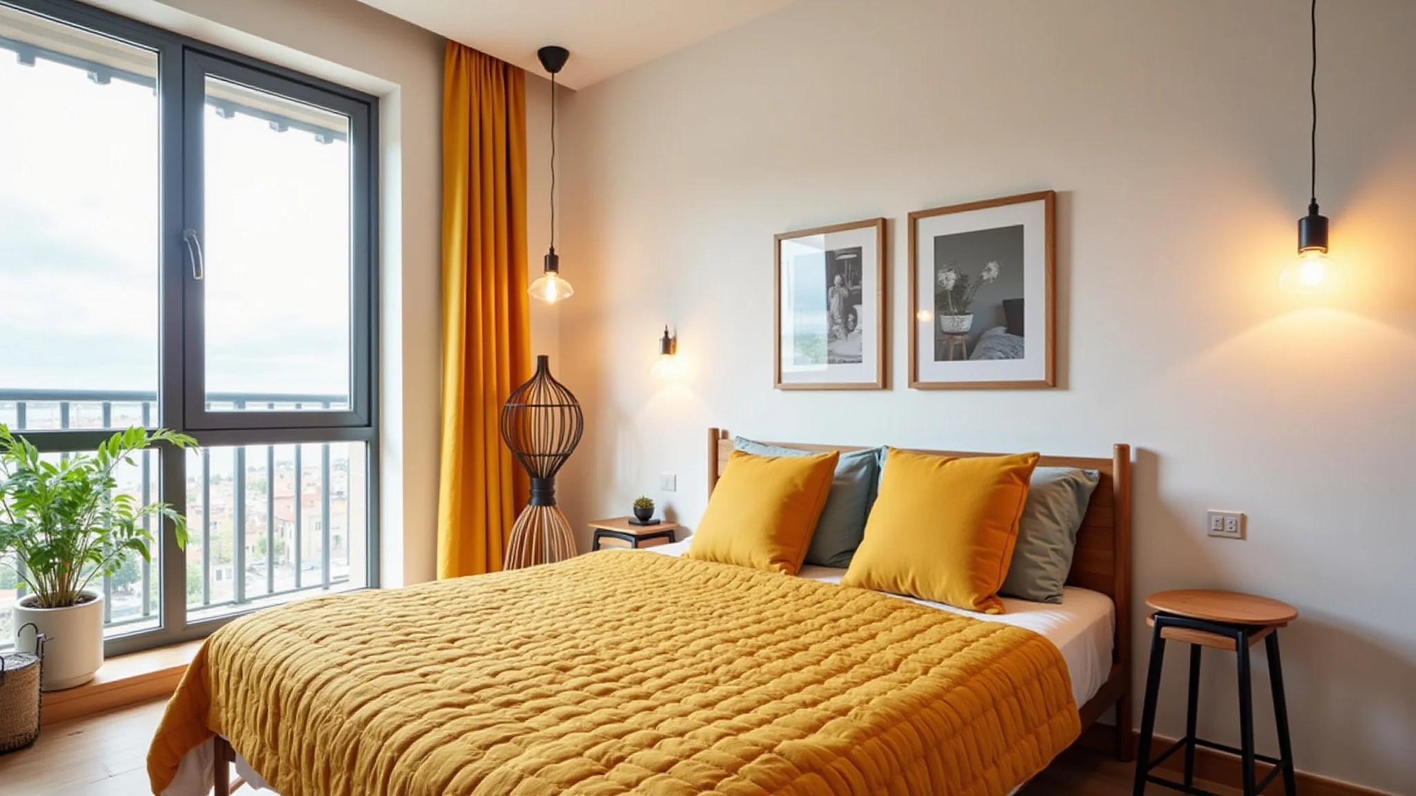 Quarto pequeno com decoração minimalista, cores vibrantes e iluminação natural.
