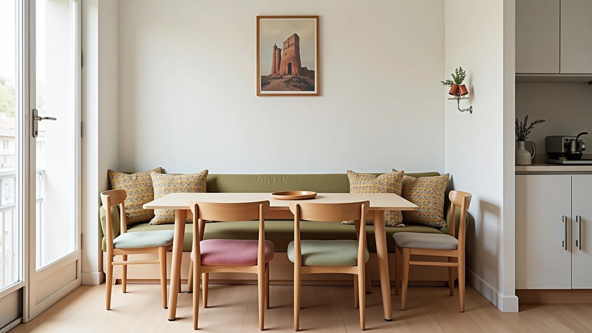Canto alemão em apartamento pequeno, otimizando espaço com almofadas coloridas.