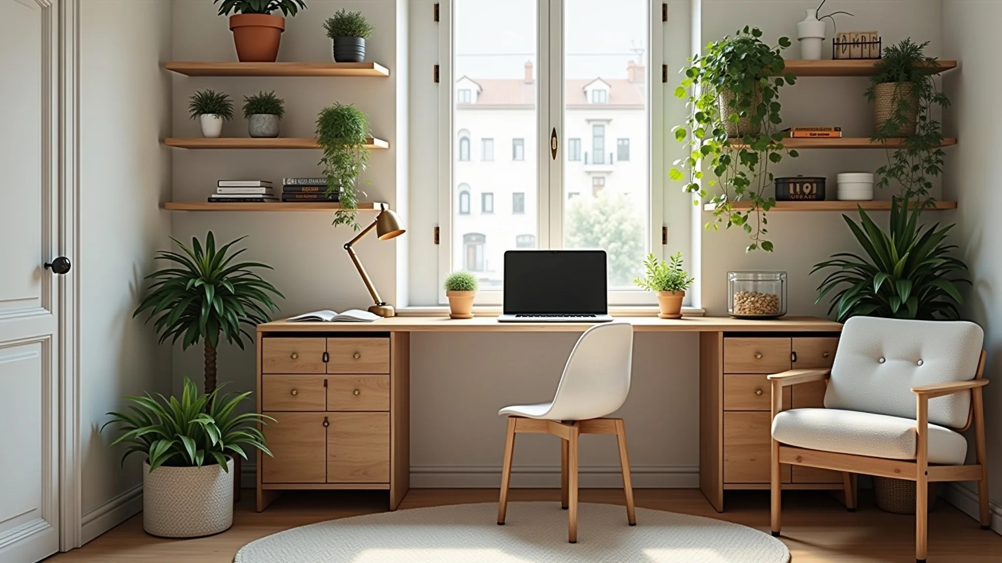 Escritório em apartamento pequeno, design funcional, prateleiras e iluminação.