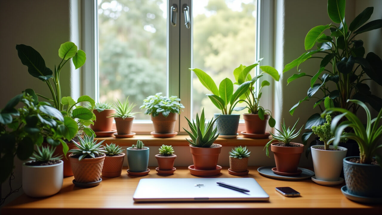 Home office pequeno com plantas e decoração brasileira.