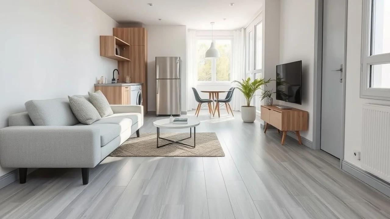 Apartamento pequeno com piso e rodapé cinza claro, ampliando o espaço. Design minimalista.