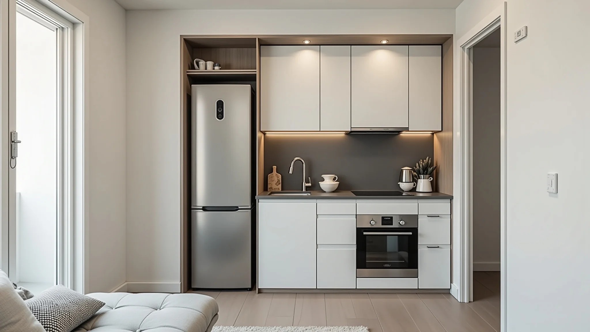 Cozinha de apartamento pequena, design integrado e estilo minimalista com toque brasileiro.