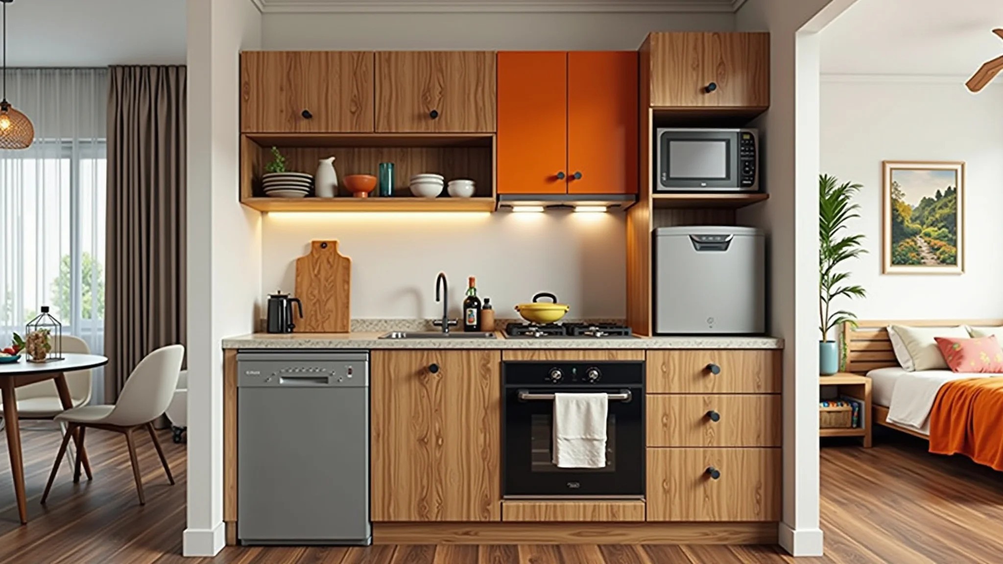 Cozinha de apartamento pequeno integrada, detalhes em madeira e cores vibrantes.