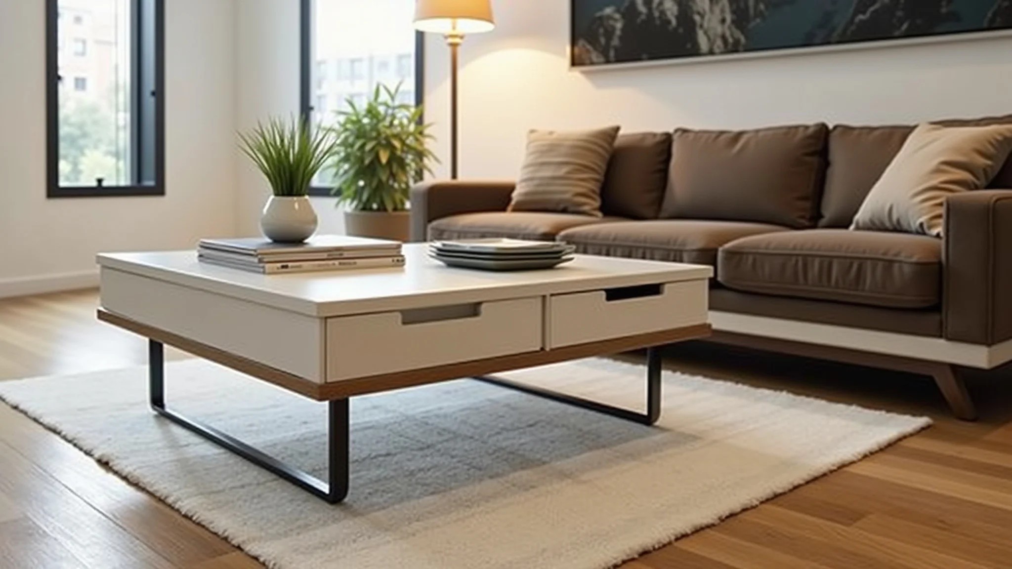 Mesa de centro com gavetas para organizar a sala pequena, estilo prático.