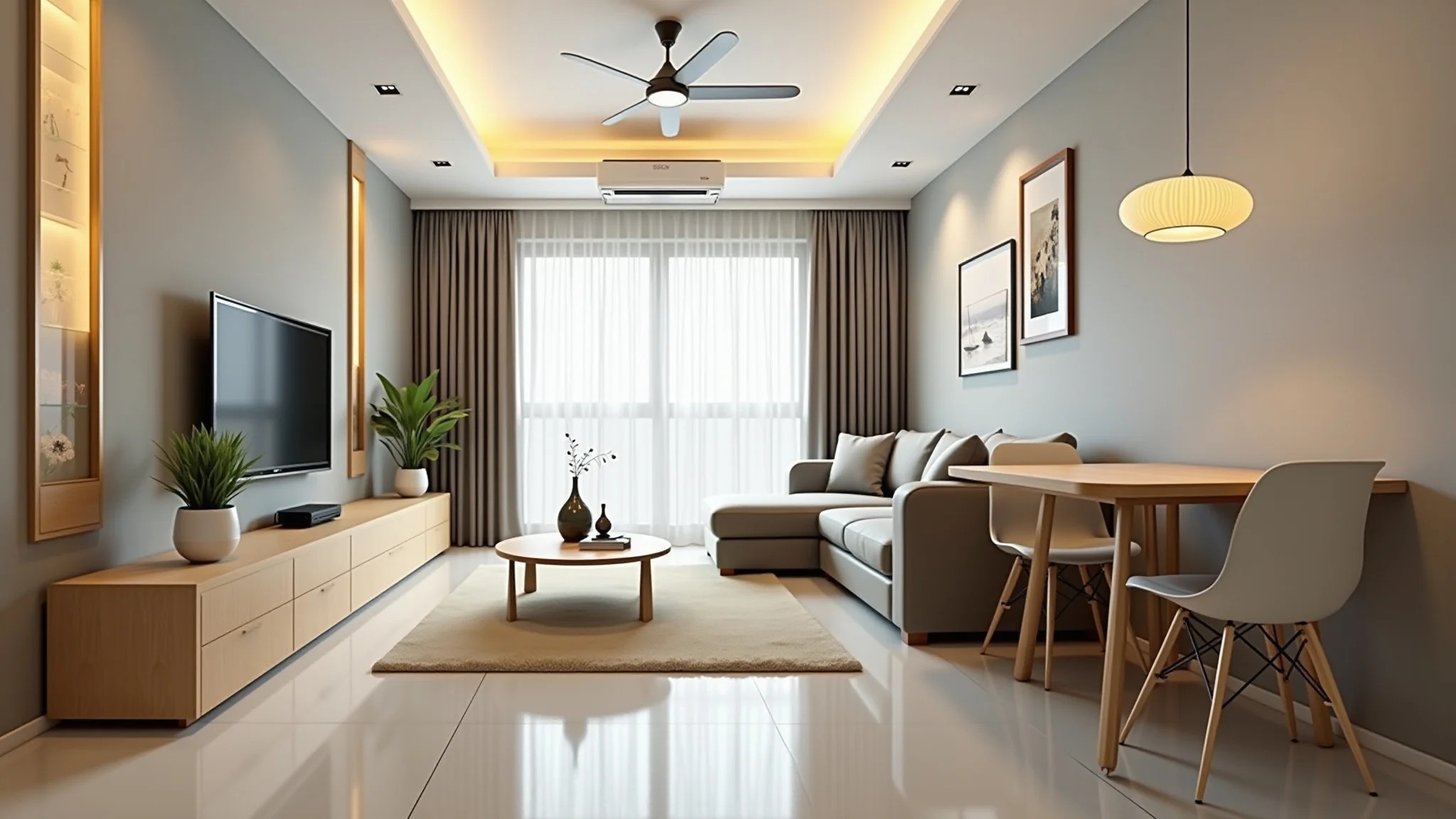 Sala de estar pequena com design minimalista, móveis de madeira clara e iluminação interna brilhante.