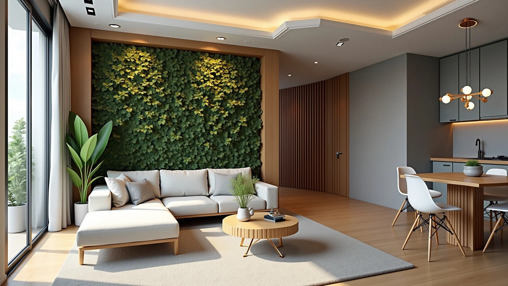 Sala de estar pequena com jardim vertical, clara e arejada, com design moderno e estilo brasileiro.