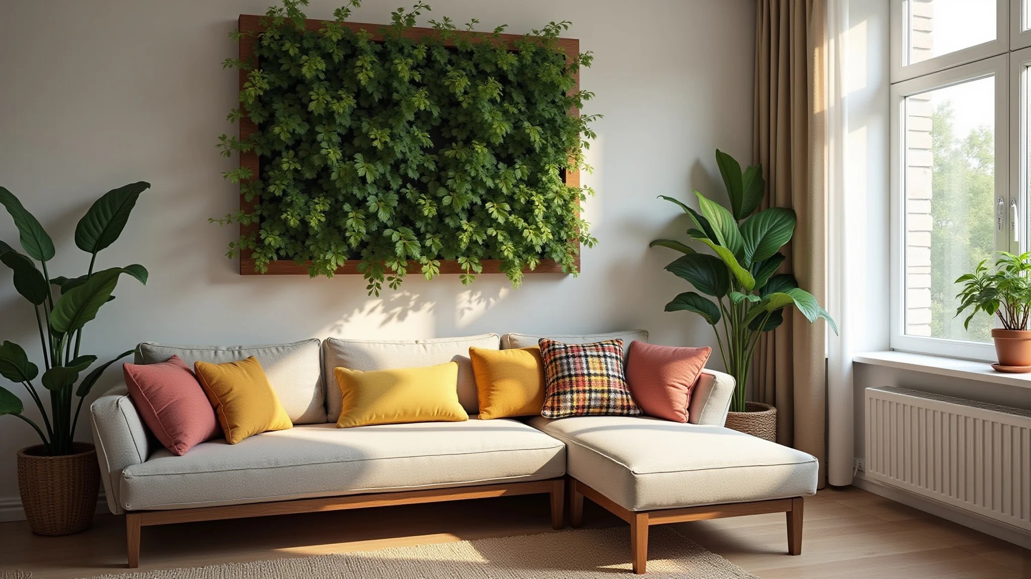 Sala de estar de apartamento pequeno com jardim vertical como ponto focal.