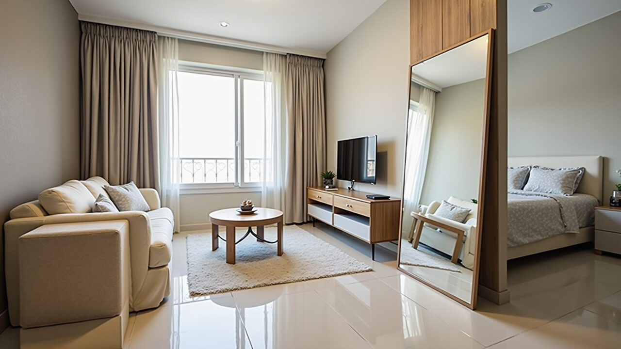 Apartamento pequeno com espelho grande na parede, otimizando o espaço.