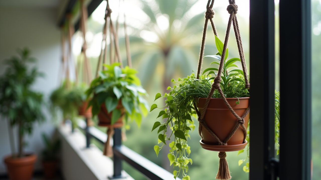 Plantas pendentes em varanda pequena com macramê.