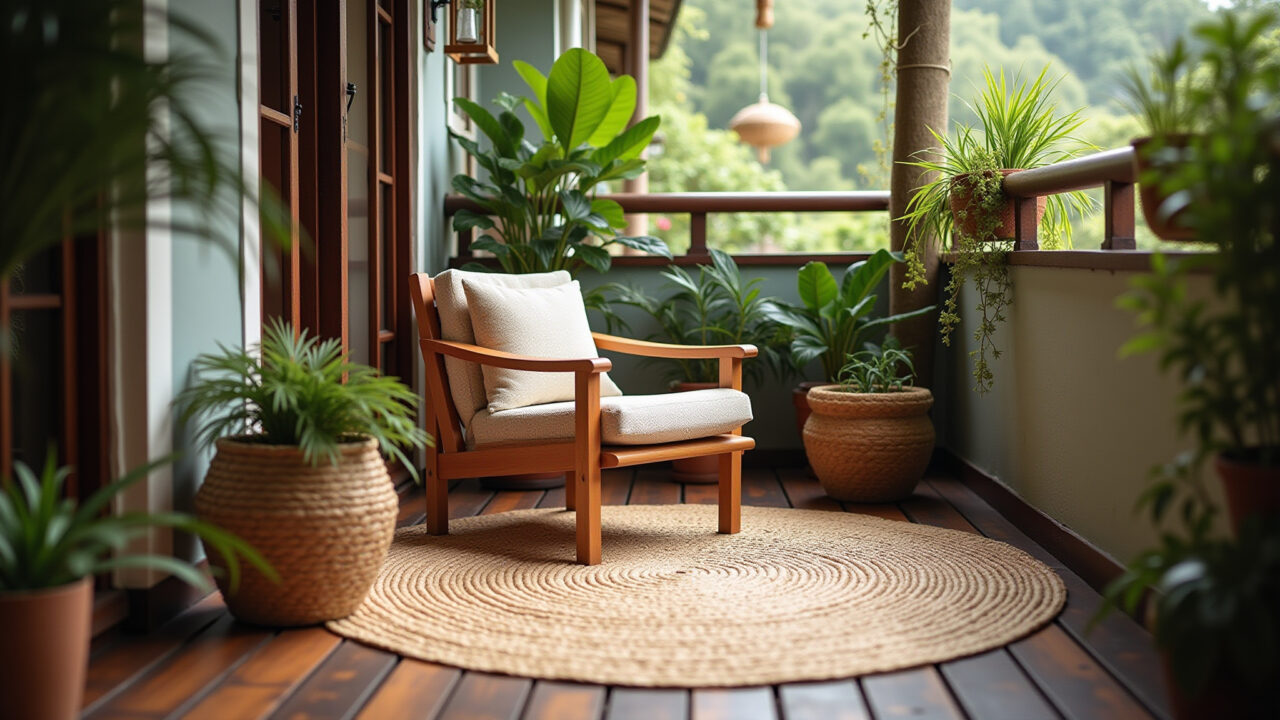 Tapete de fibra natural em varanda pequena com deck de madeira.