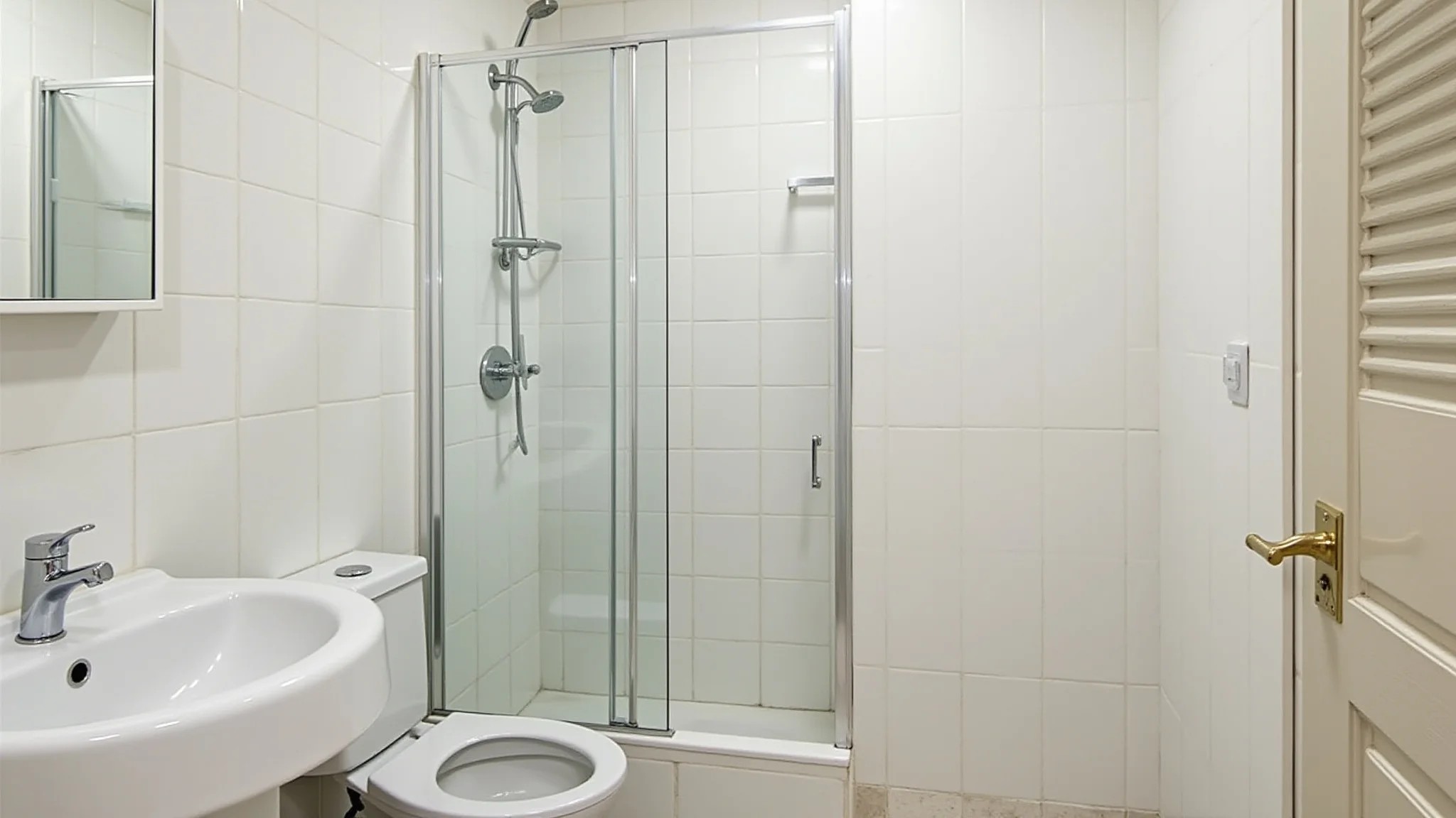 Banheiro pequeno com revestimento metro white e decoração minimalista.