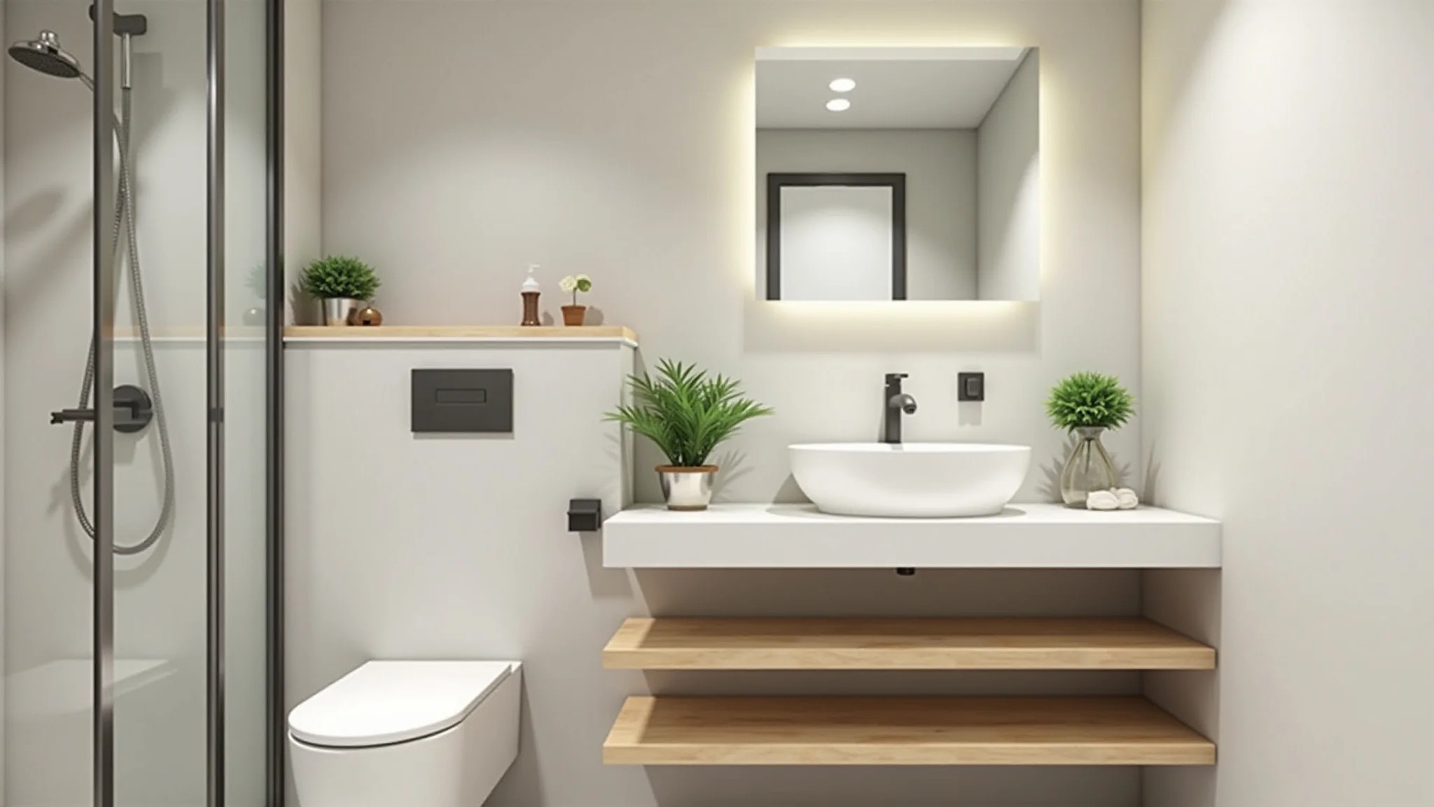 Banheiro pequeno com decoração minimalista e prateleiras flutuantes.