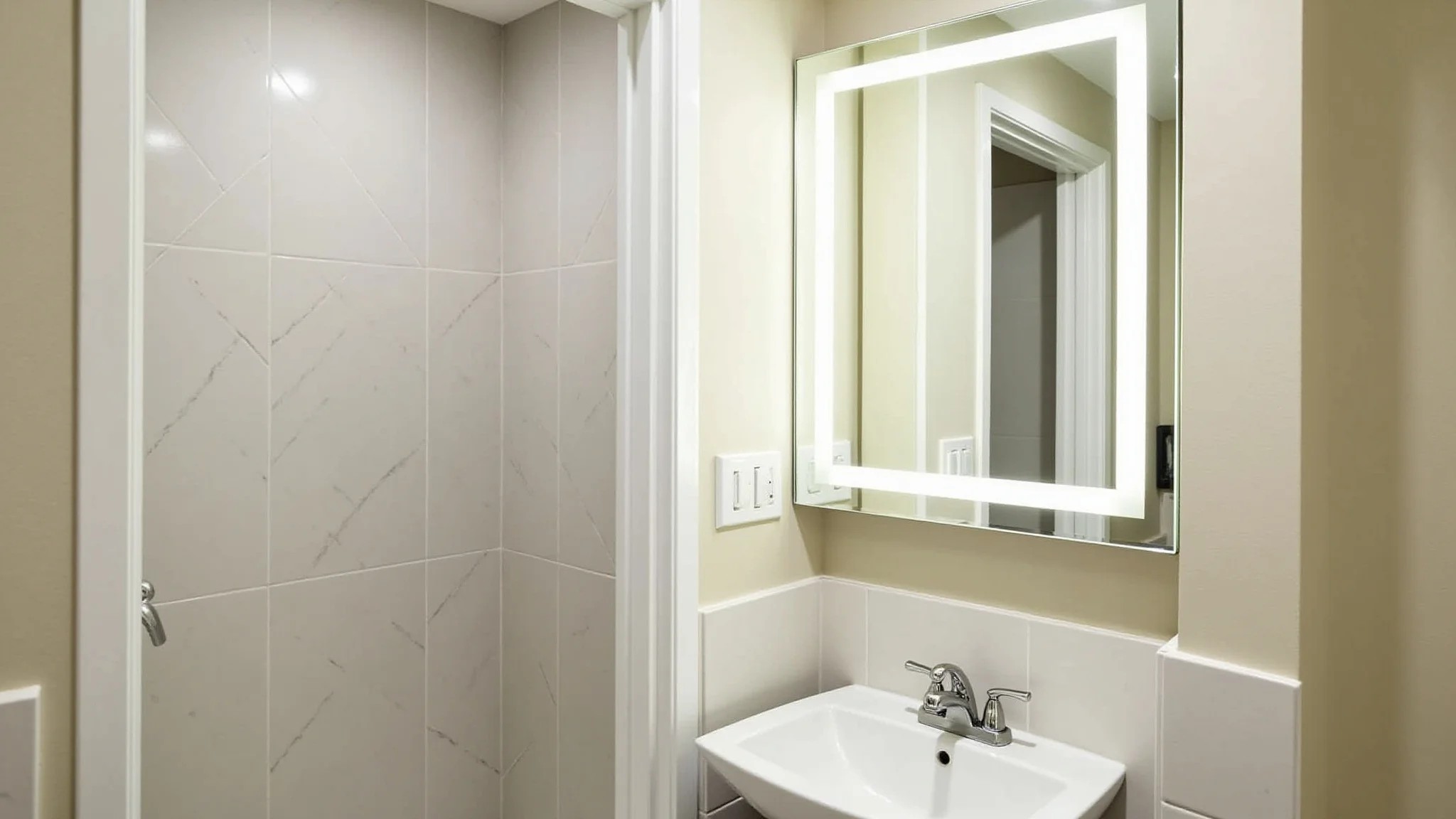 Banheiro pequeno com nicho espelhado, design moderno e funcional.