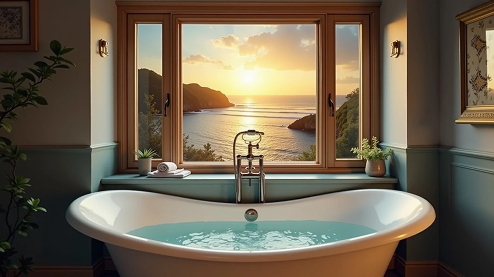 Banheira pequena com foto de paisagem relaxante na parede, simulando uma vista.