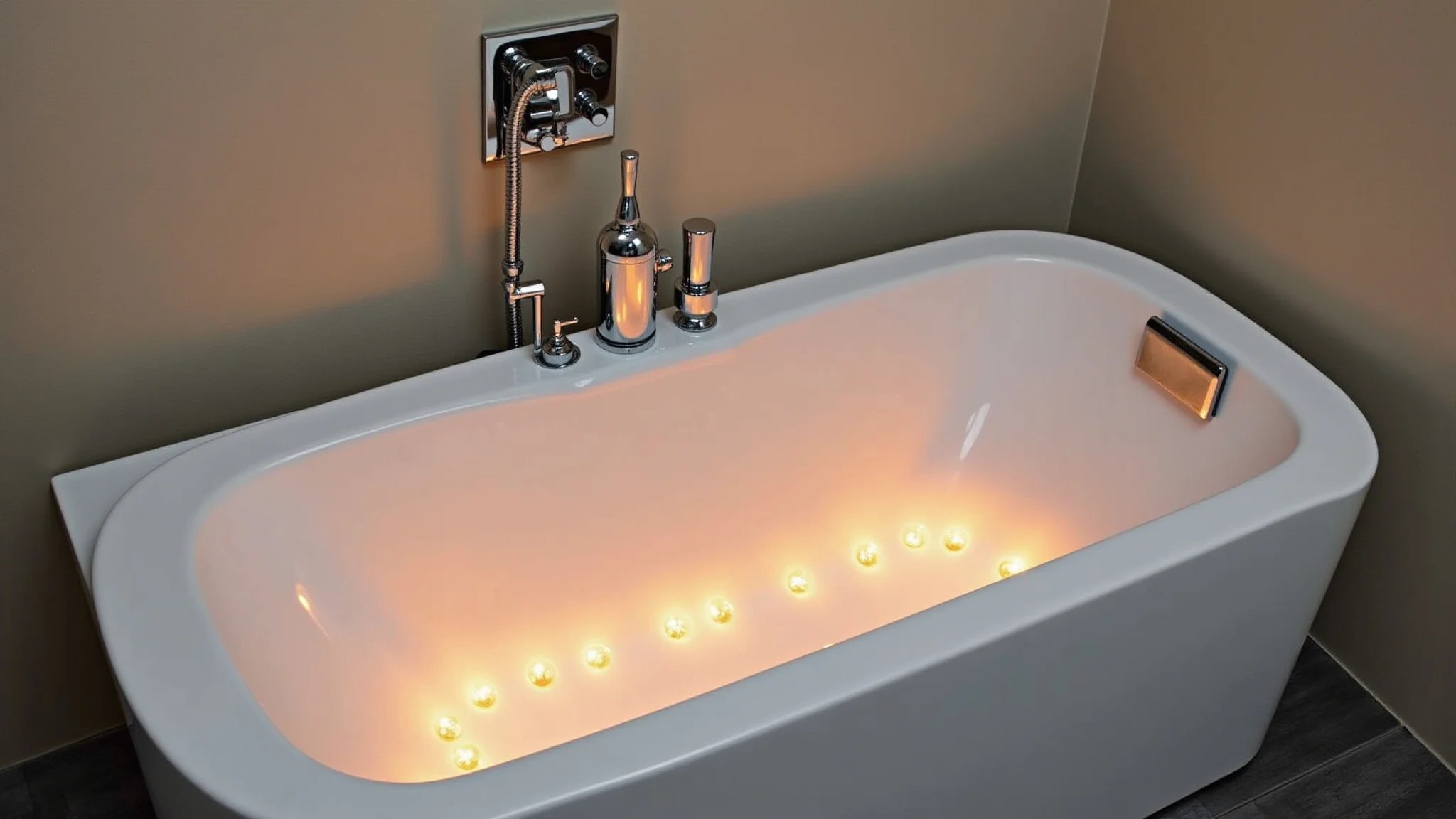 Banheira pequena com iluminação LED, criando um ambiente relaxante em banheiro moderno.