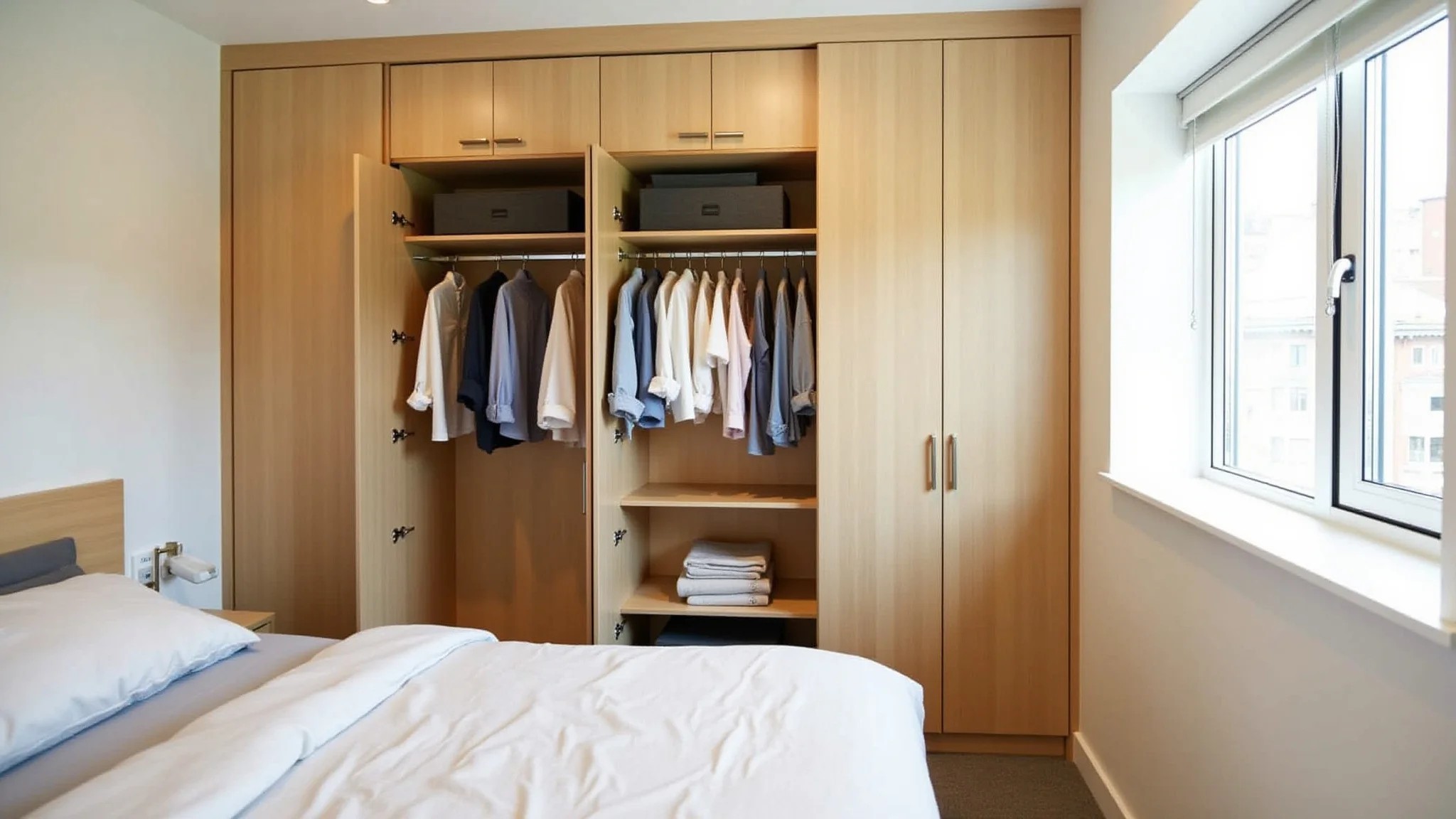 Guarda-roupa de canto em quarto pequeno, otimizando o espaço.