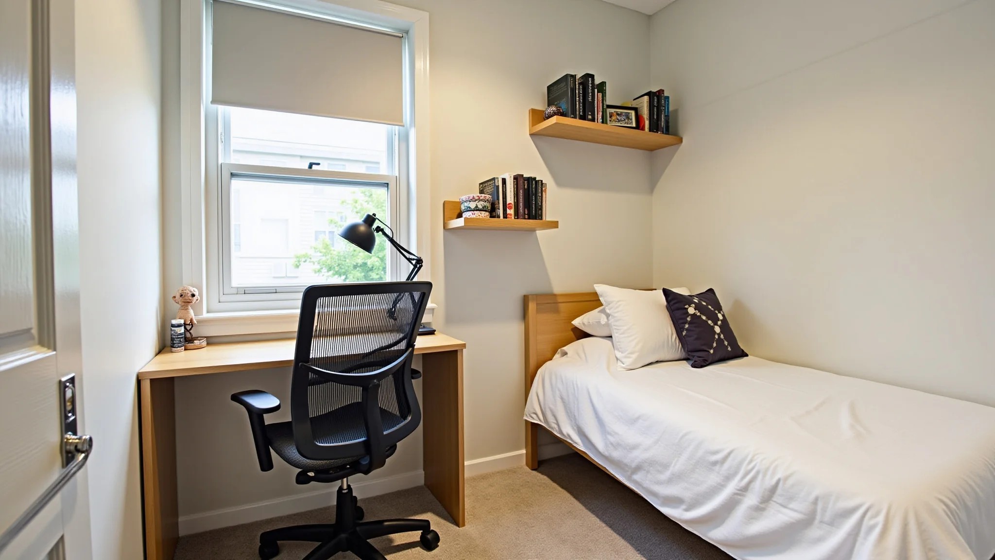 Home office compacto no quarto com mesa dobrável e cadeira ergonômica.