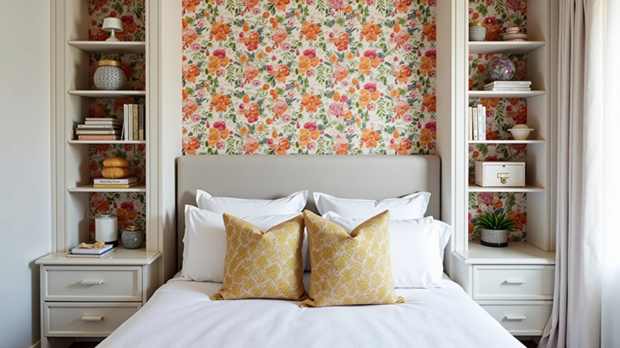 Nichos e prateleiras decorados com papel de parede colorido em quarto pequeno.