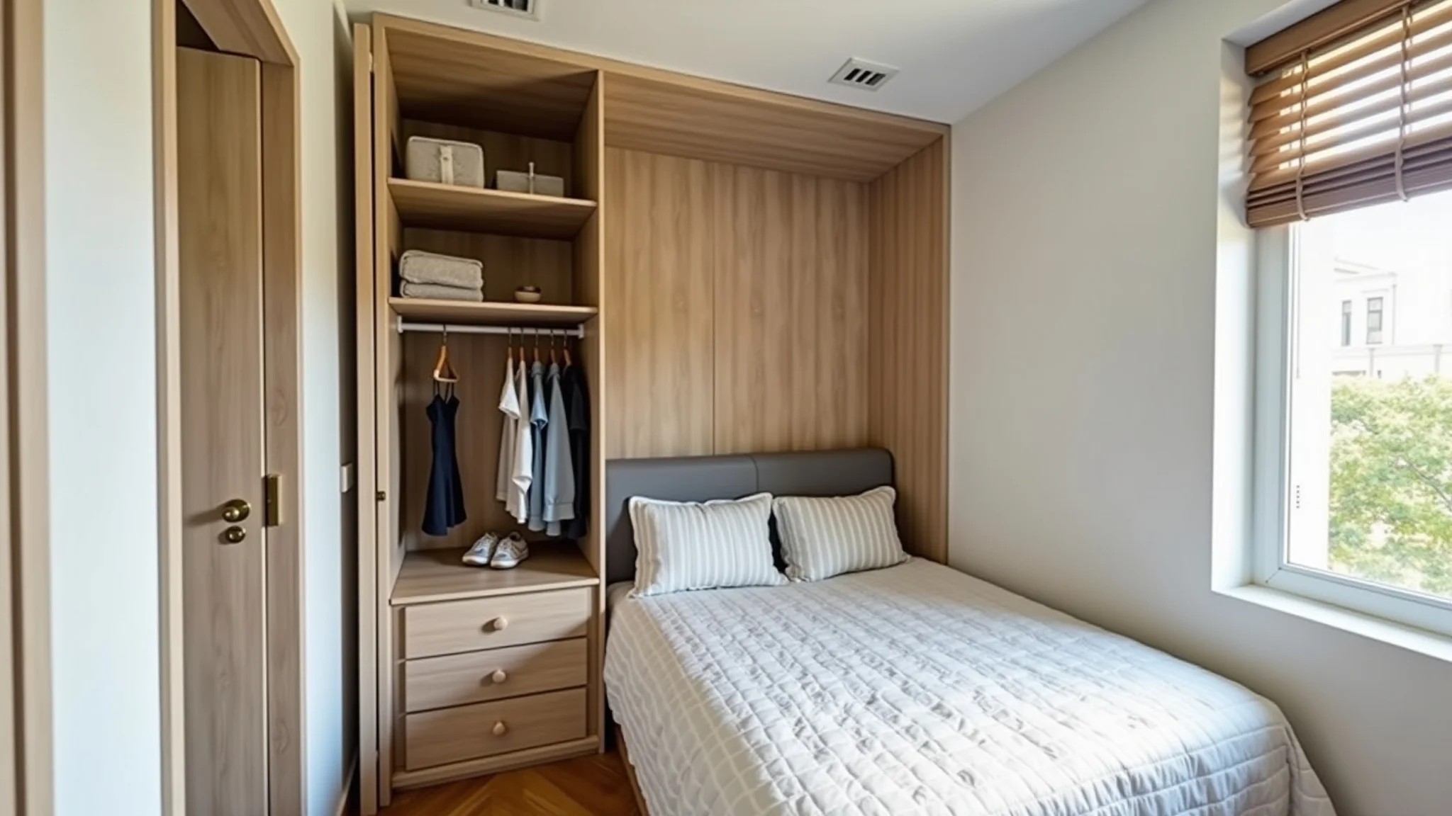 Quarto pequeno com closet atrás da cama: solução criativa para otimizar o espaço.