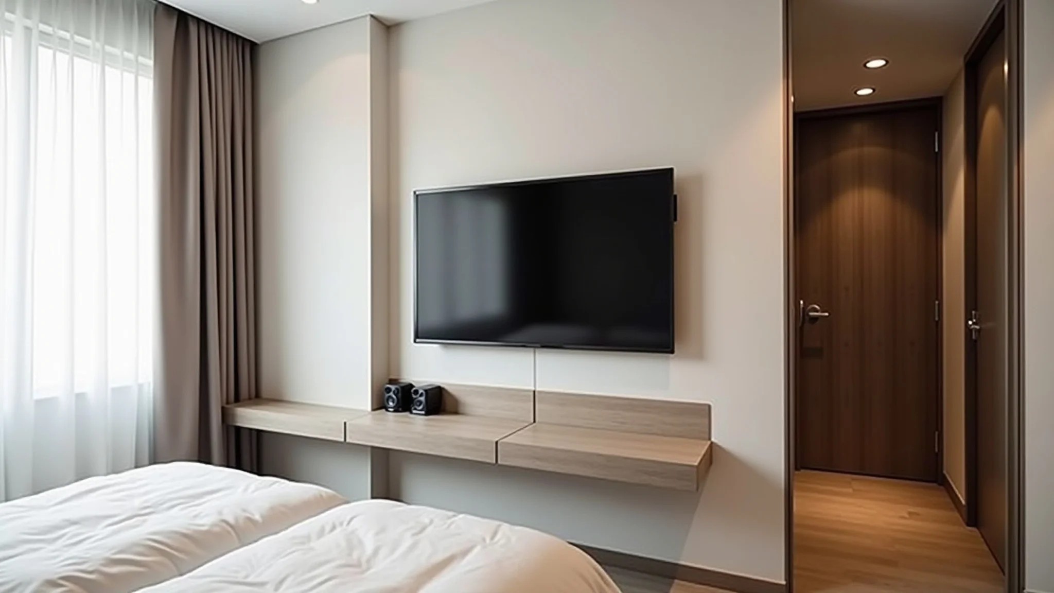 Quarto pequeno com painel de TV flutuante e design minimalista.