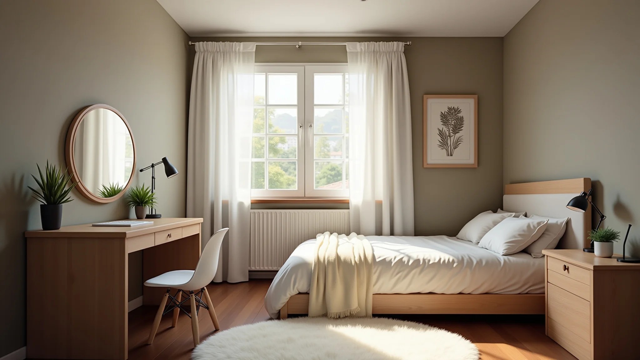 Quarto pequeno com penteadeira que também serve como escrivaninha.