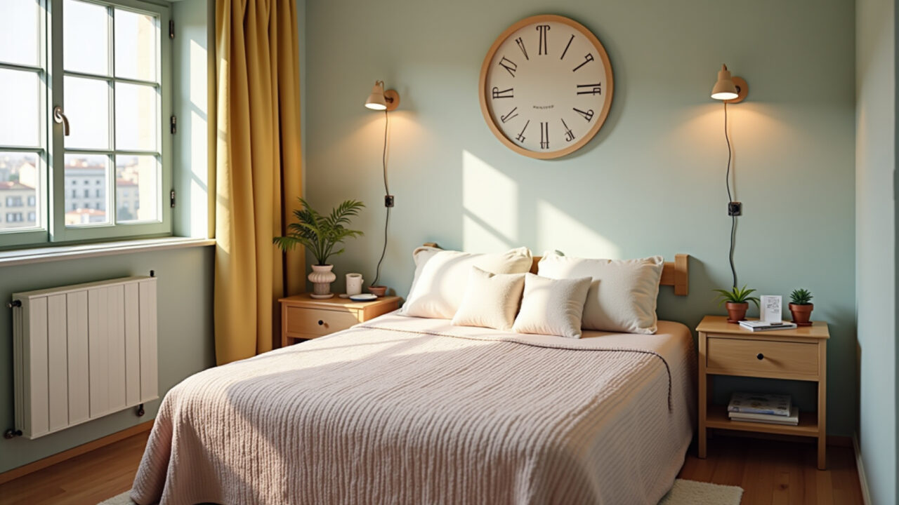 Cores claras em quarto de casal pequeno.