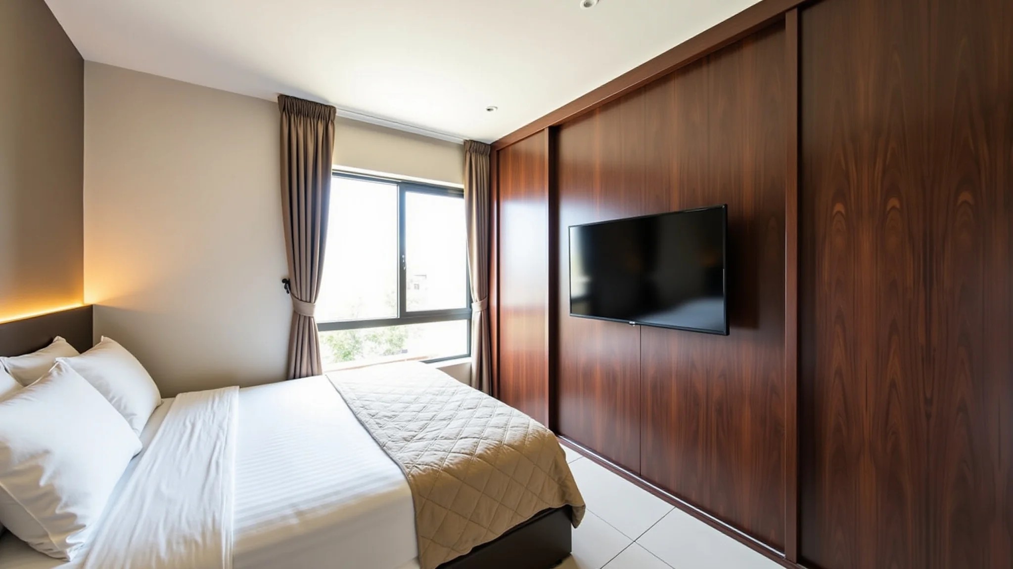 Quarto pequeno com TV escondida atrás de painel deslizante e design integrado.