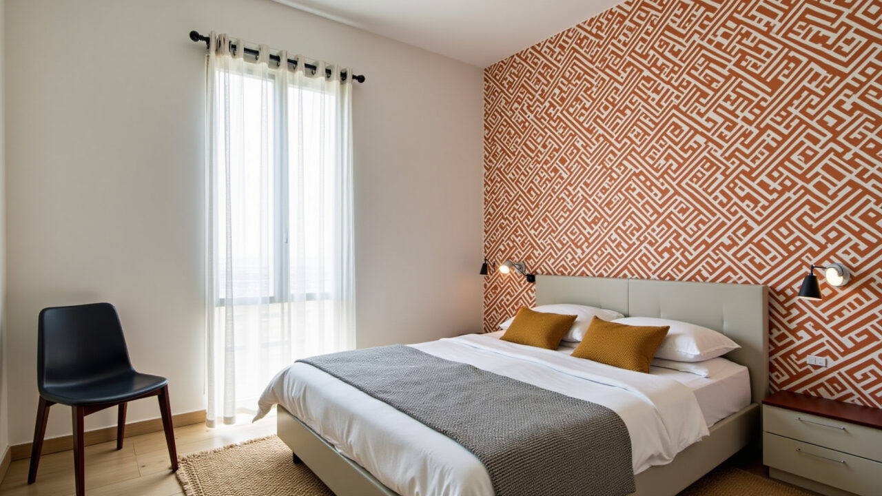 Papel de parede em quarto de casal pequeno.