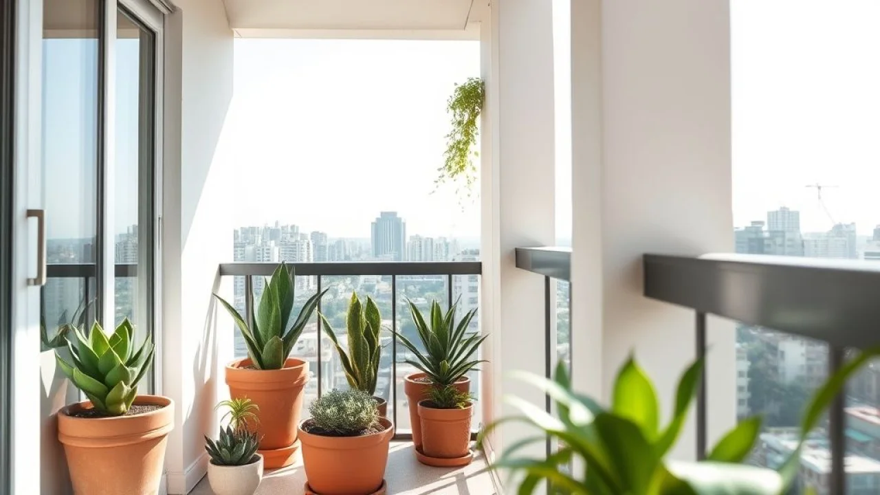 Plantas suculentas decorando varanda minimalista em apartamento no Brasil.