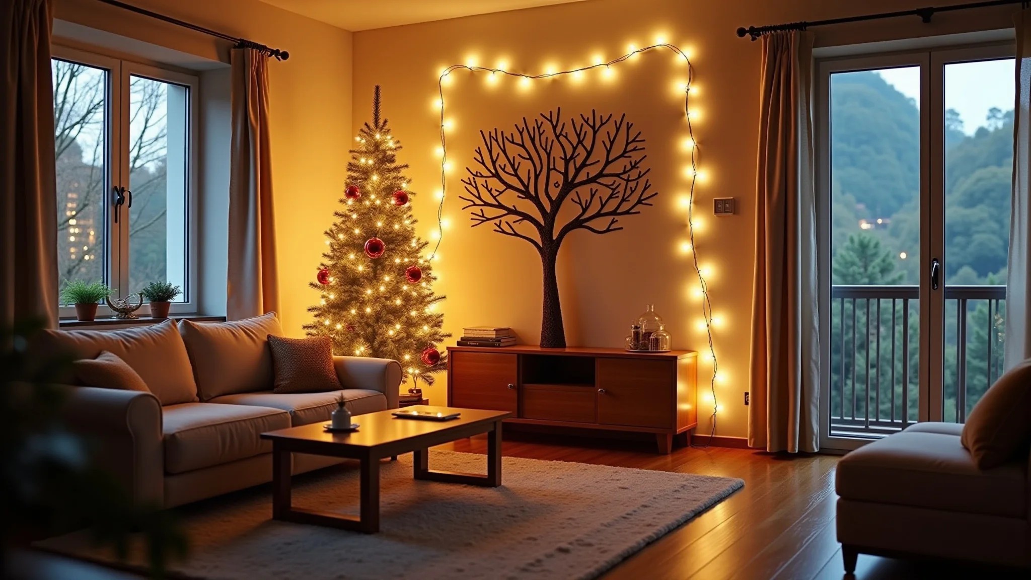 Apartamento pequeno decorado para o Natal 2025, decoração minimalista e árvore de parede.