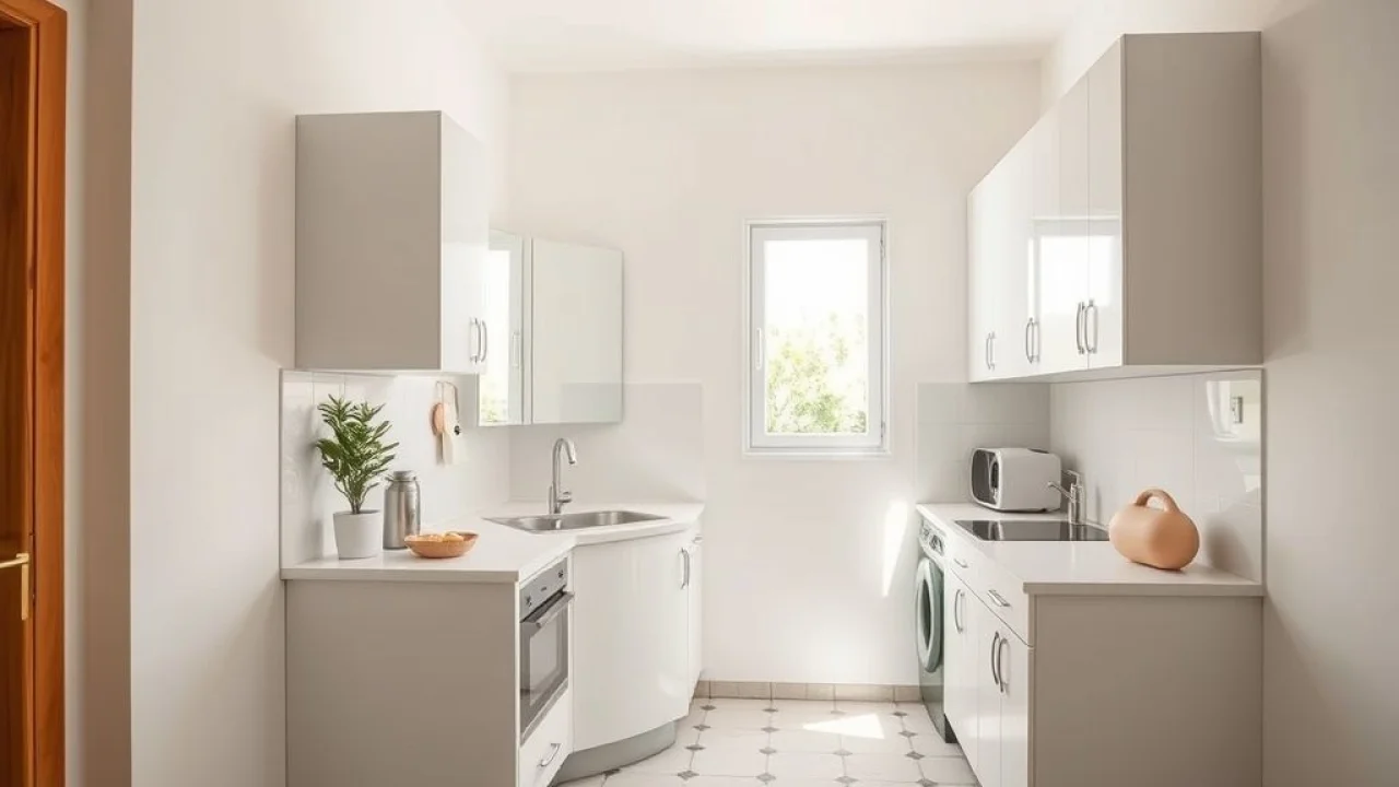Cozinha minimalista com espelho ampliando espaço em apartamento no Brasil.