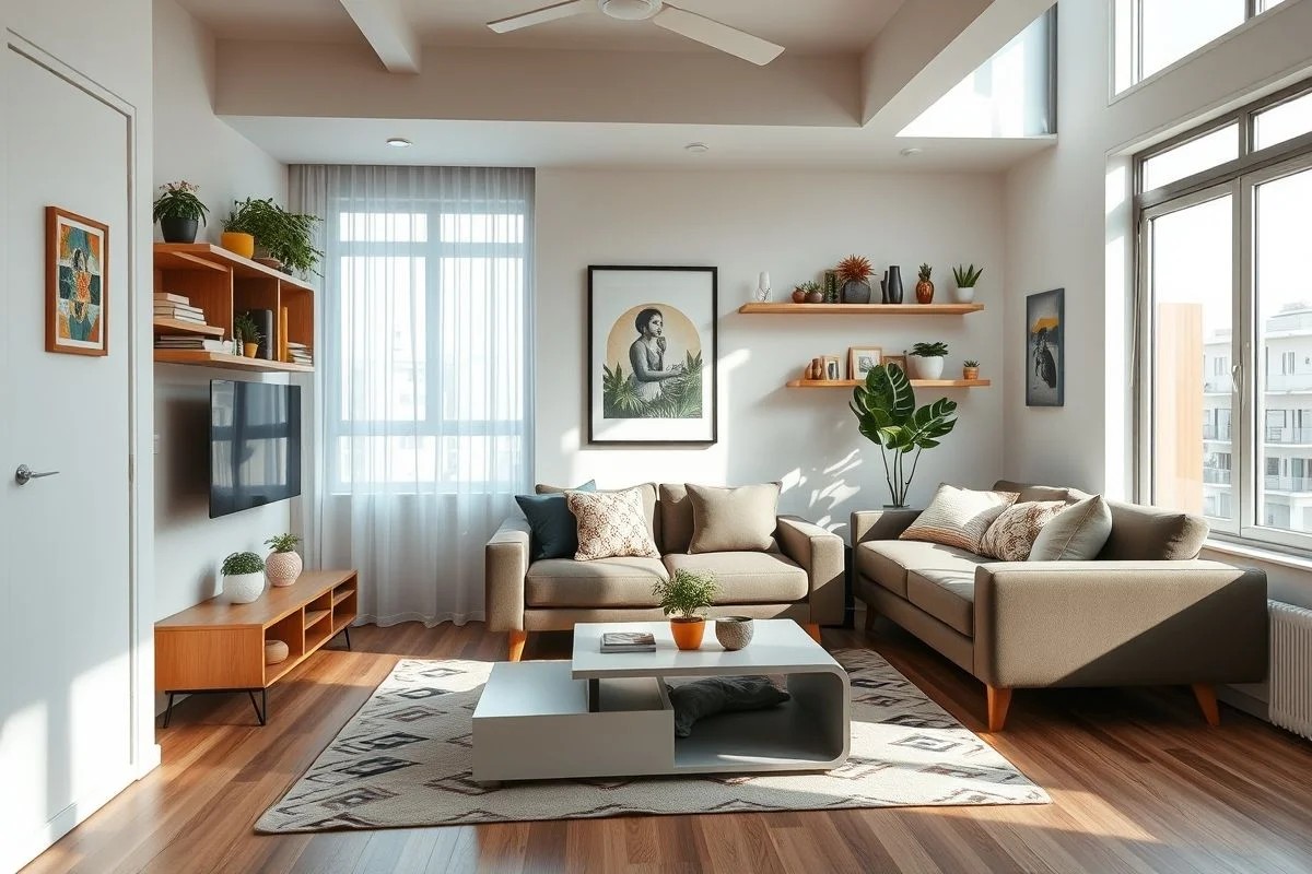 Sala pequena com sofá-cama, mesa de centro com espaço e estantes modulares.