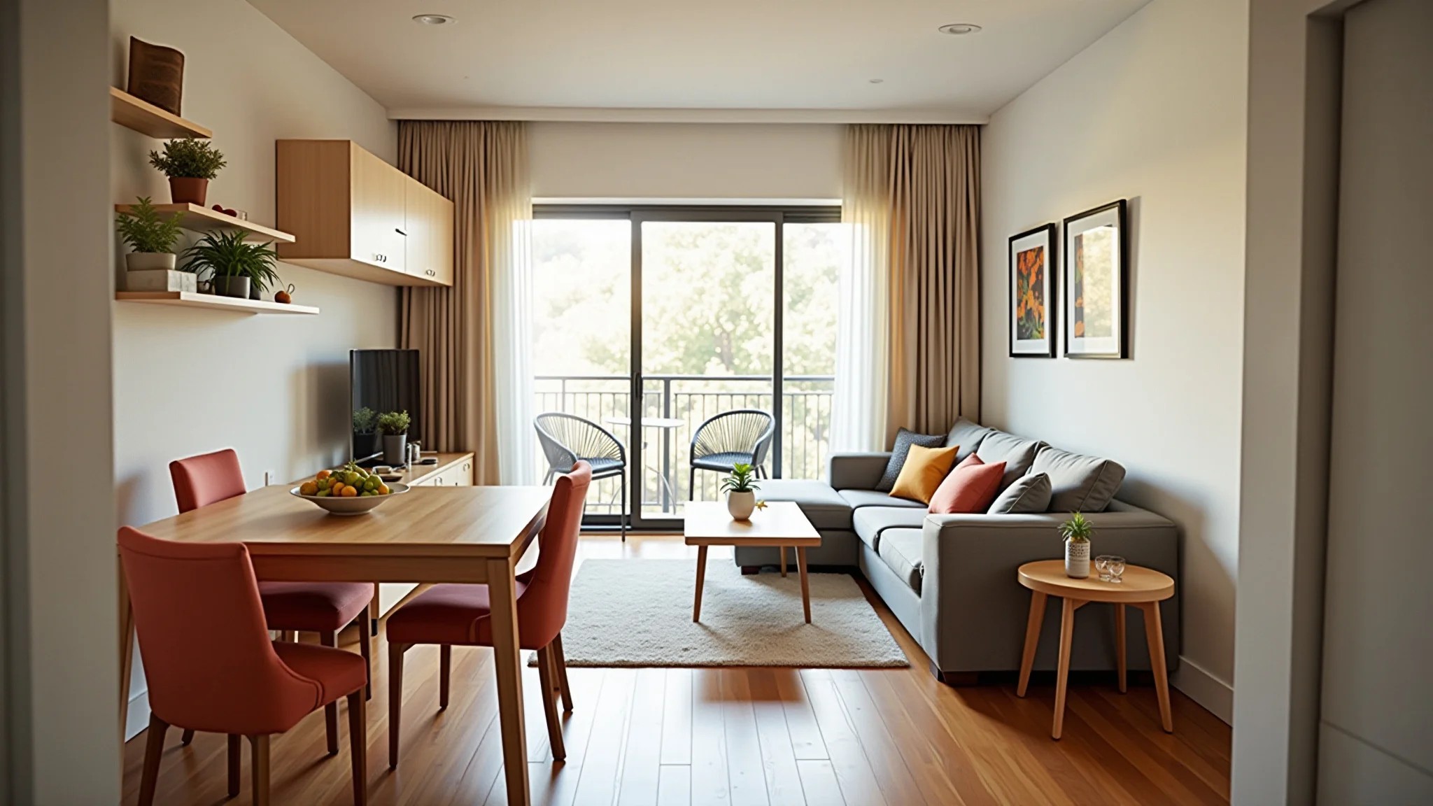 Apartamento pequeno no Brasil mostrando diversos móveis multifuncionais.
