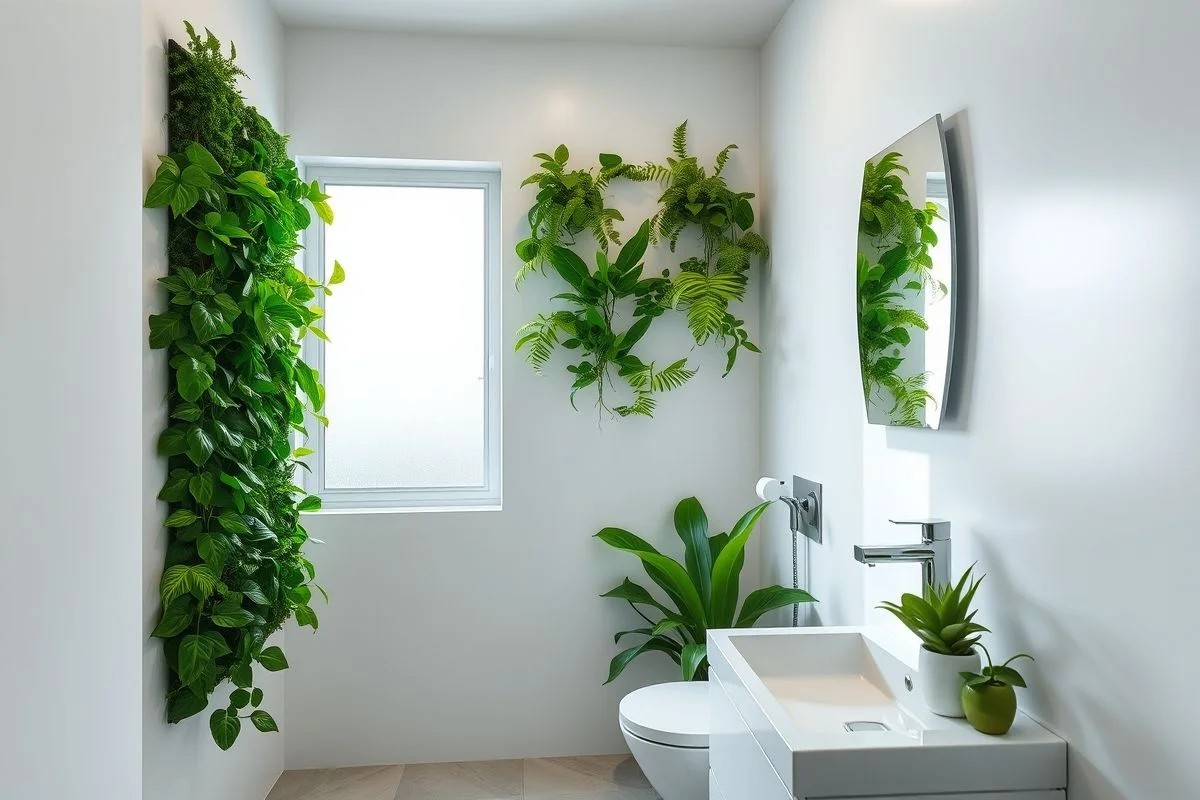 Pequeno banheiro brasileiro com jardim vertical, design moderno e iluminação natural.