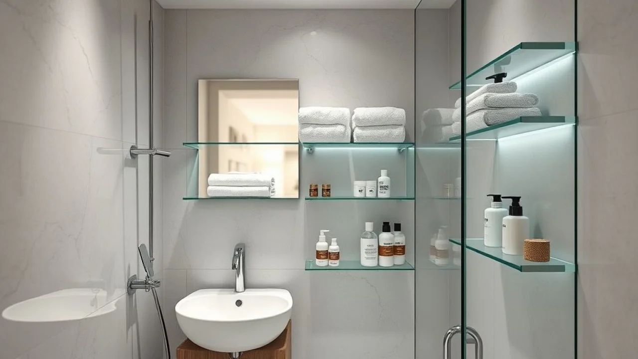 Banheiro pequeno com prateleiras de vidro, design minimalista e toalhas organizadas