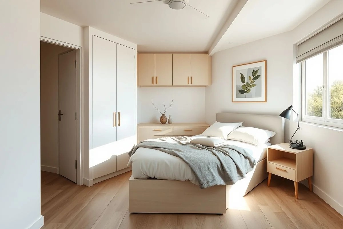 Quarto pequeno otimizado com cama baú e cores claras no Brasil.